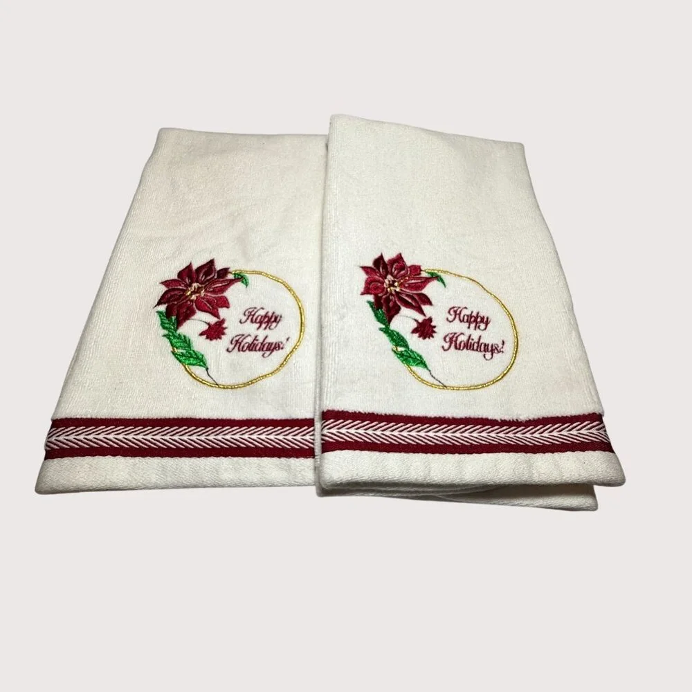 Kassa Fina Holiday Hand Towels Set Of 2 Embroidered Happy Holidays Design Vtg‎